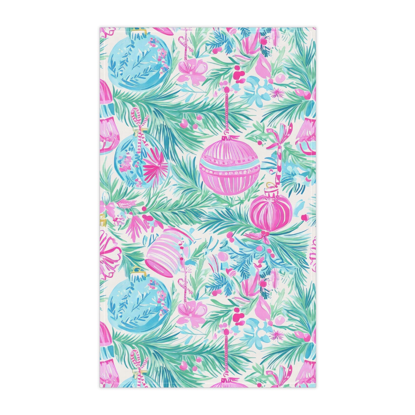 Pink Blue Holiday Ornaments Tea Towel | Tropical Pine Branches