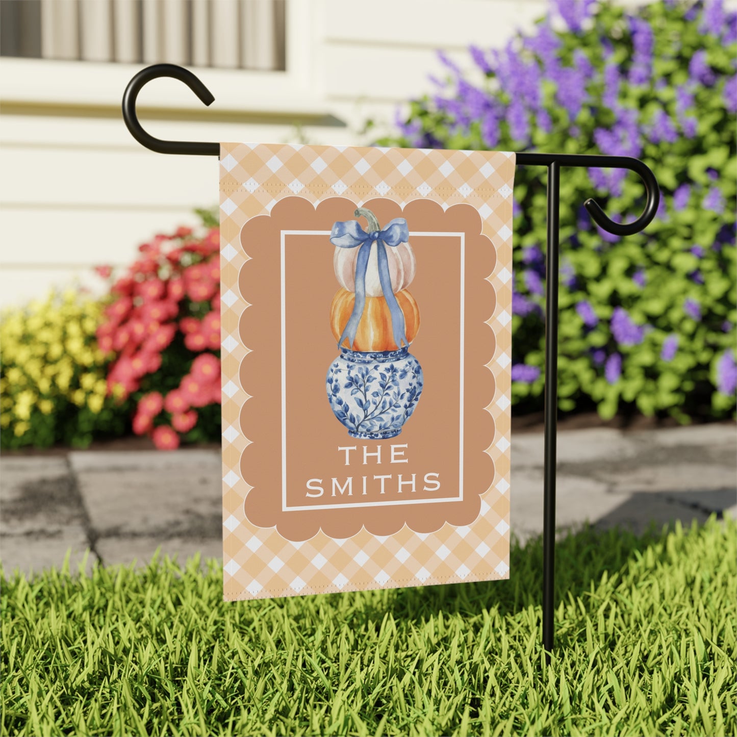 Stacked Pumpkins in Blue Vase Garden Flag | House Banner, Personalized Name