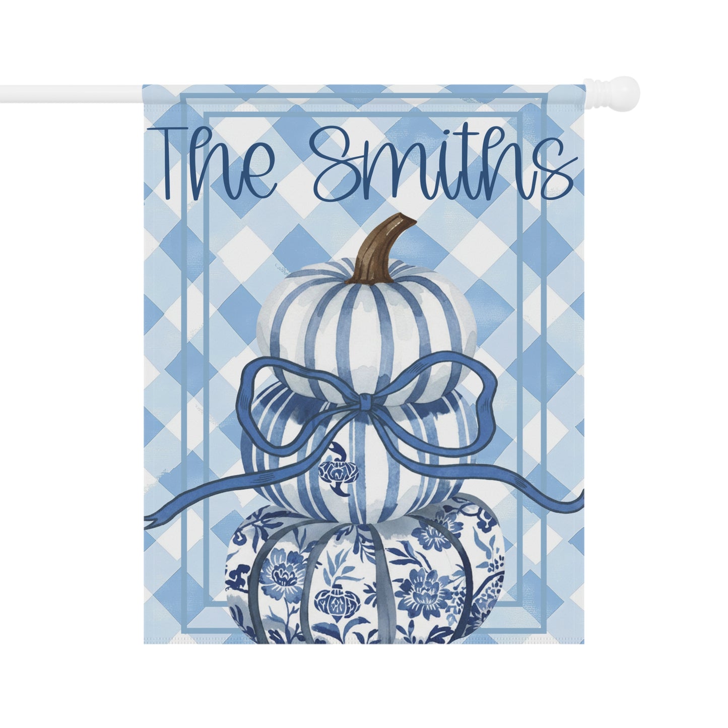 Blue Gingham Pumpkin Stack Garden & House Banner | Personalized Name