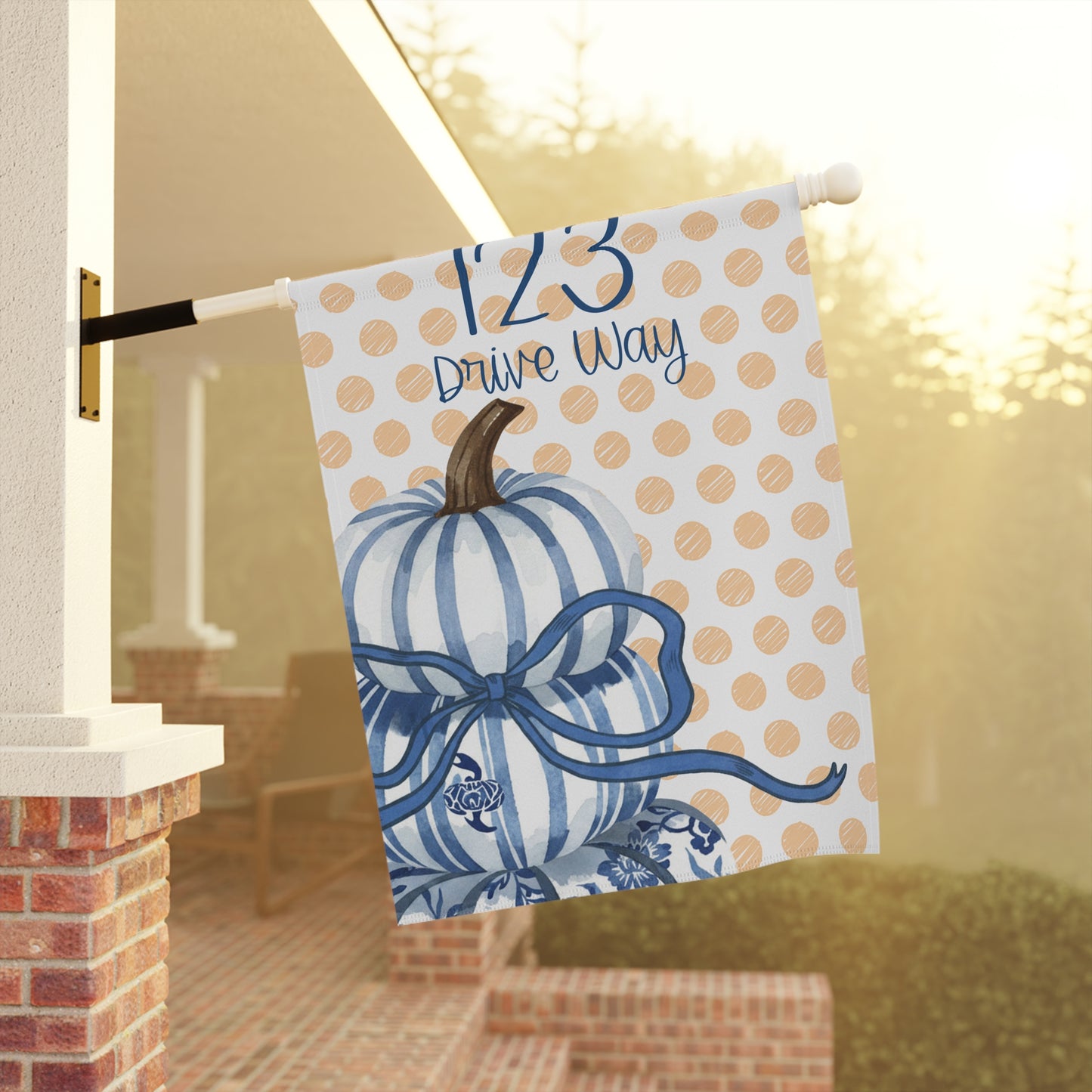 Blue Striped Pumpkin House Number Garden Banner | Polka Dot Fall Porch Flag