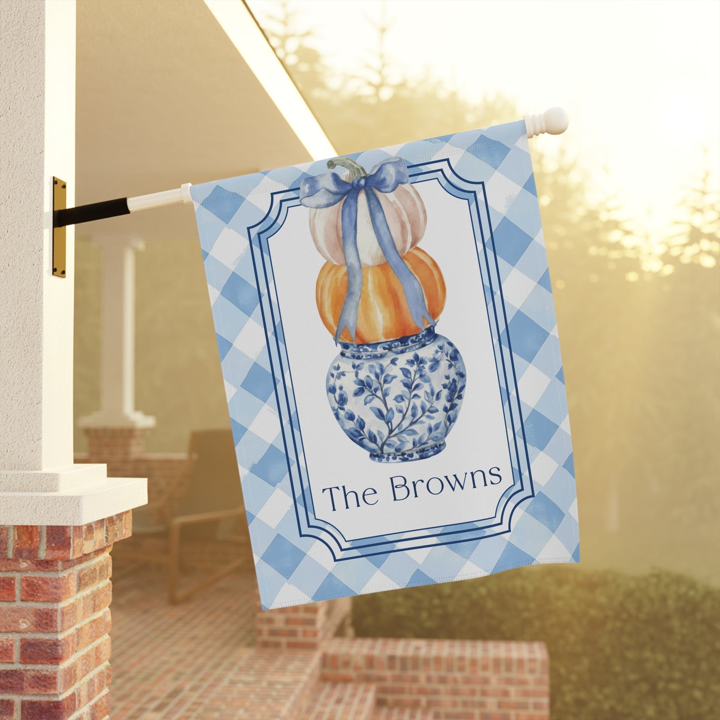 Blue Gingham Pumpkin Stack Garden Flag | House Banner