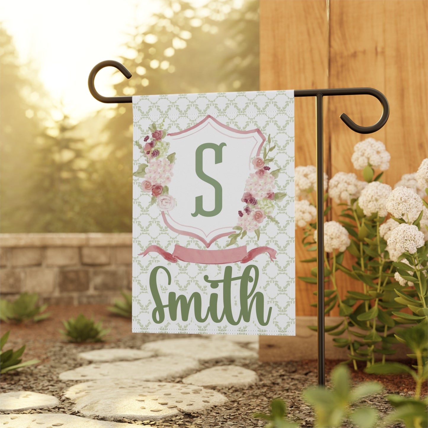 Personalized Pink Floral Monogram Garden Flag