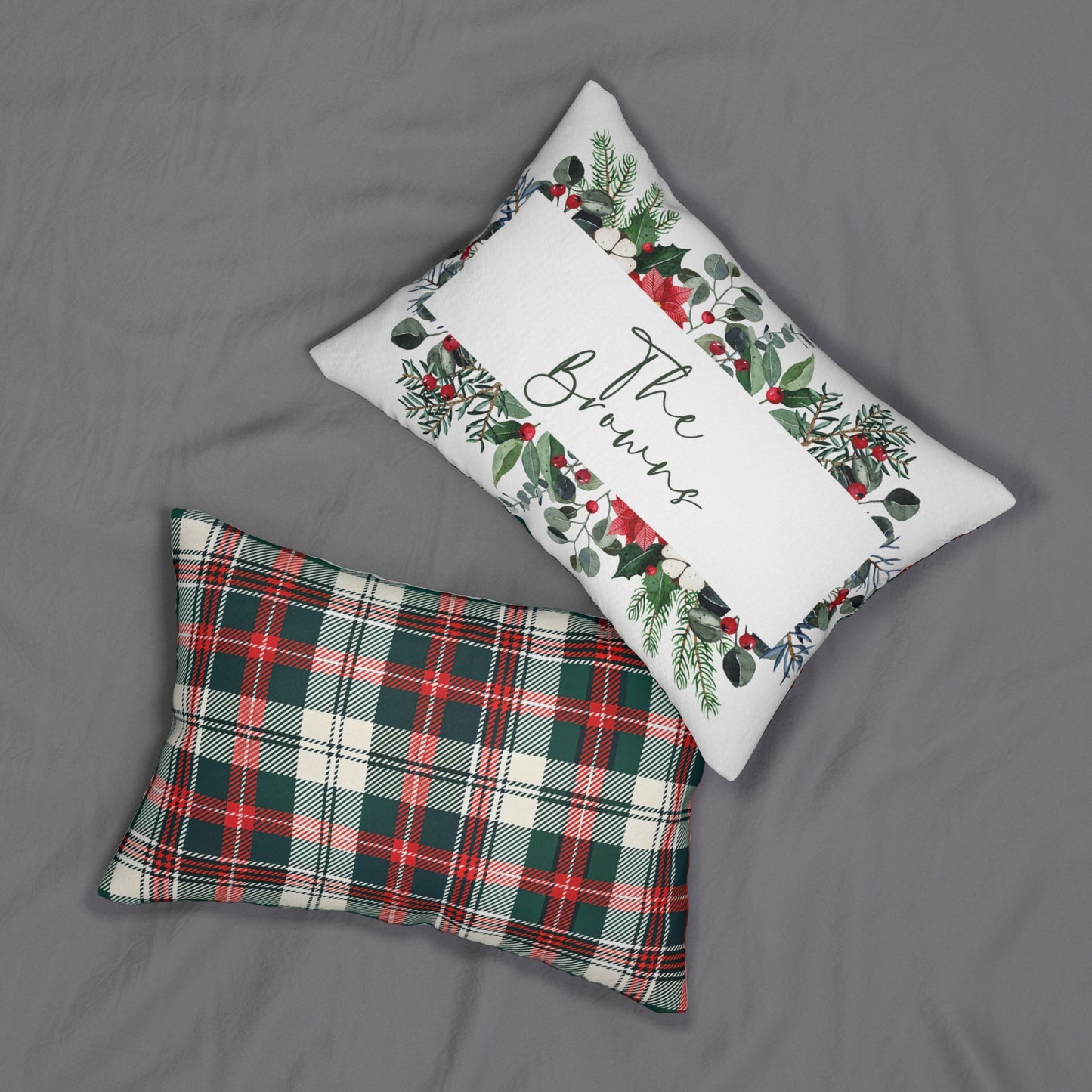 Personalized Christmas Lumbar Pillow — Festive Plaid & Wreath Design (Custom Name)