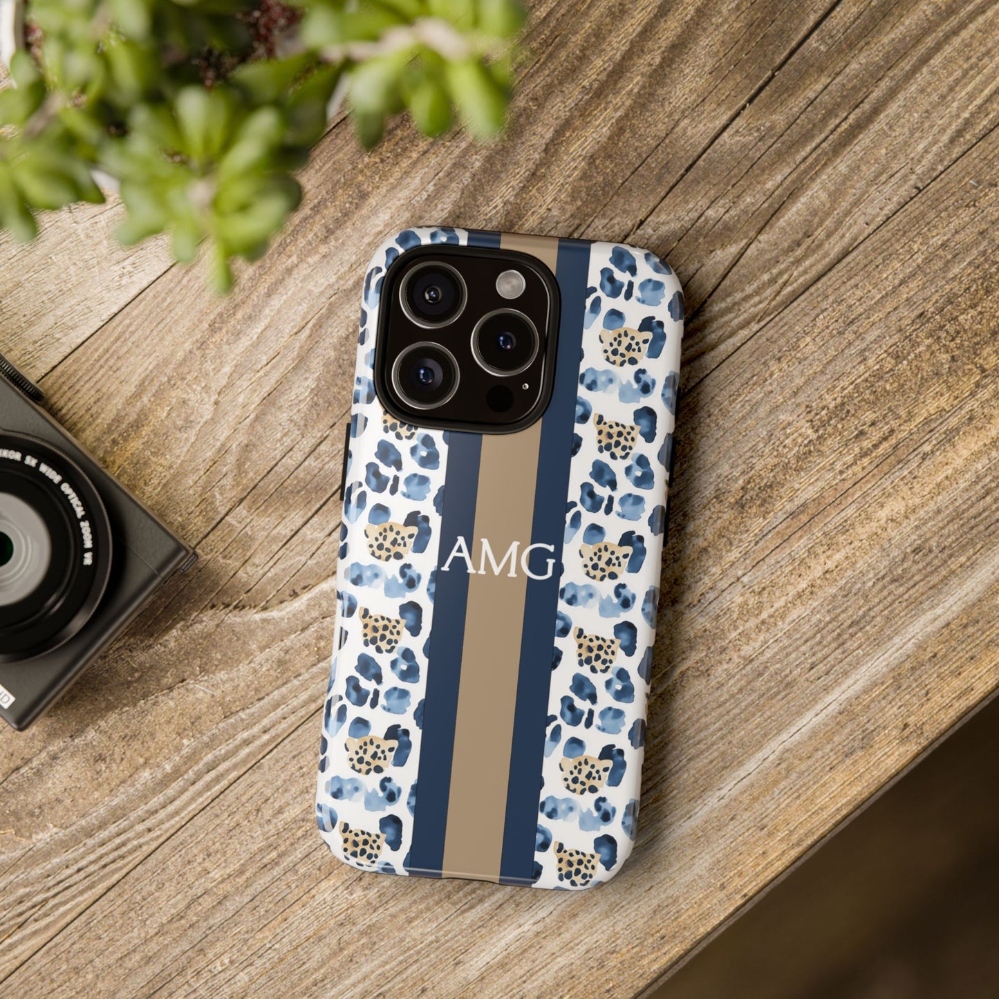 Blue Leopard Monogram Phone Case