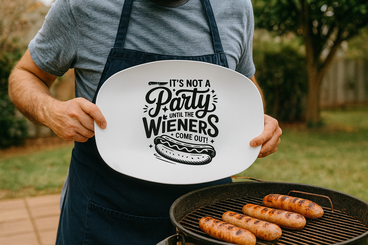 Funny Hot Dog Serving Tray with the phrase 'It's Not a Party Until the Wieners Come Out!' on a white platter.