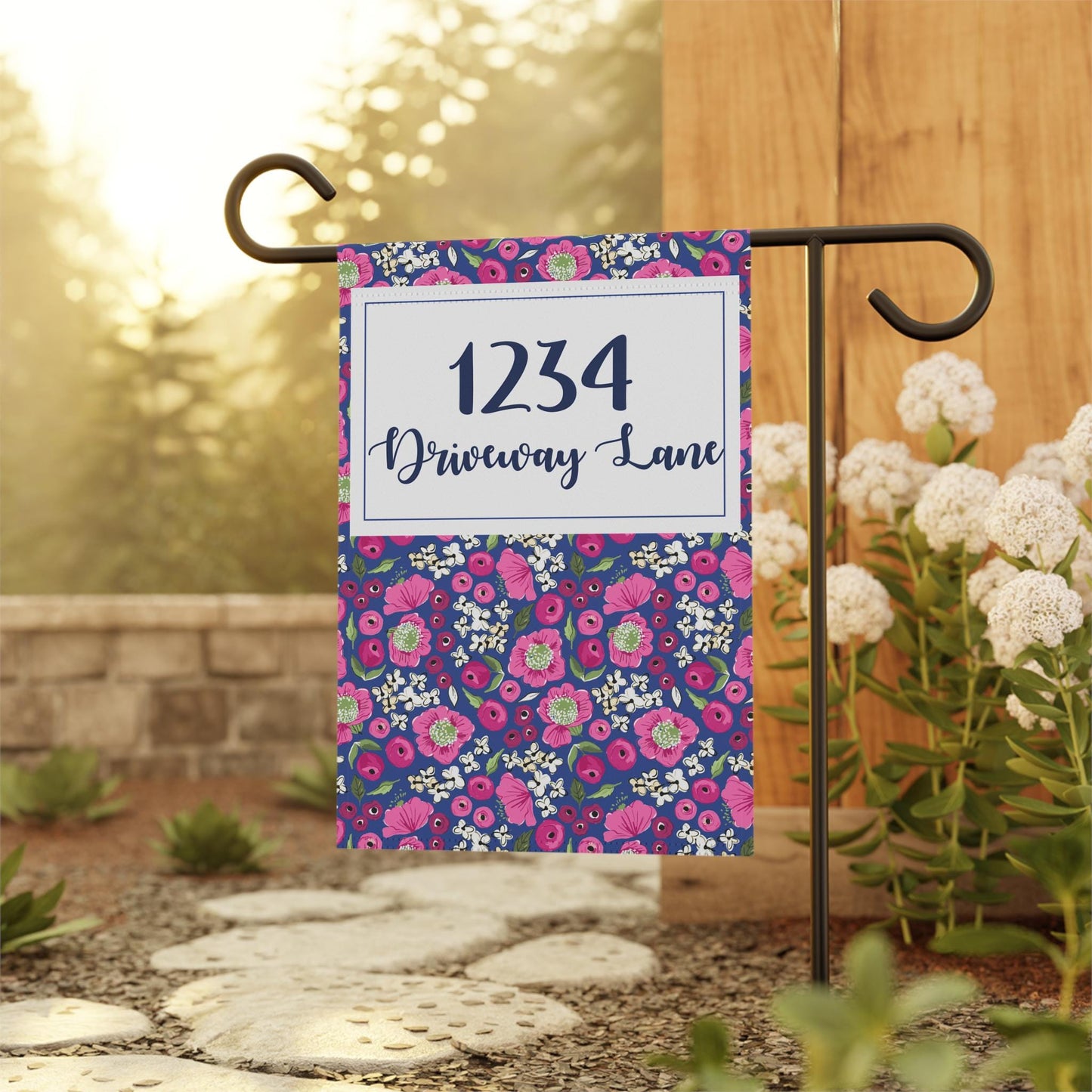 Bright Pink Floral Address Garden Flag