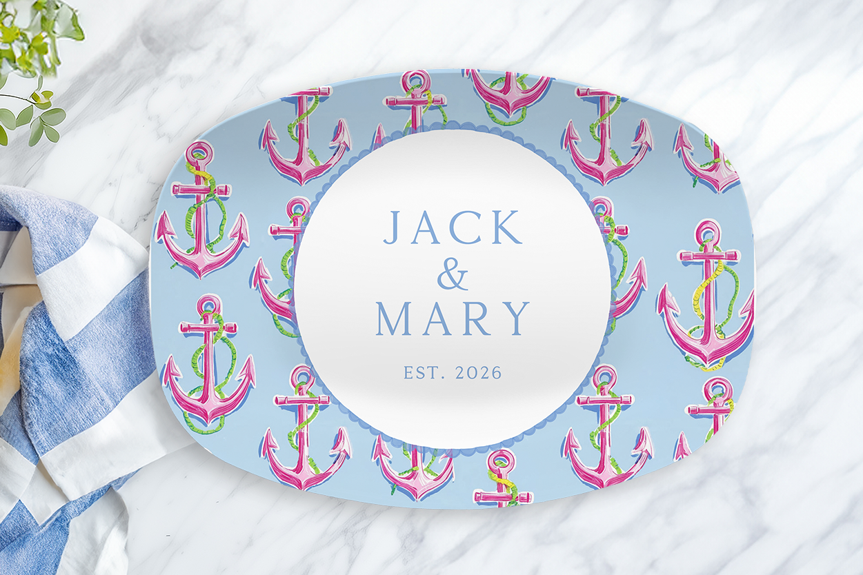 Personalized Nautical Serving Platter | Custom Anchor Serving Tray | Coastal Wedding Gift | Beach House Kitchen Decor | Preppy Hostess Gift