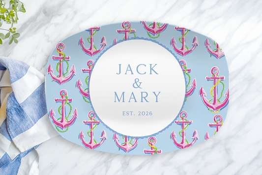 Personalized Nautical Serving Platter | Custom Anchor Serving Tray | Coastal Wedding Gift | Beach House Kitchen Decor | Preppy Hostess Gift