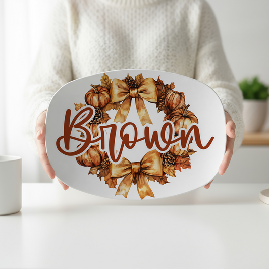 Personalized Pumpkin Wreath Serving Platter | Custom Family Name Fall Platter | Thanksgiving Serving Tray | Autumn Kitchen Decor | Hostess Gift