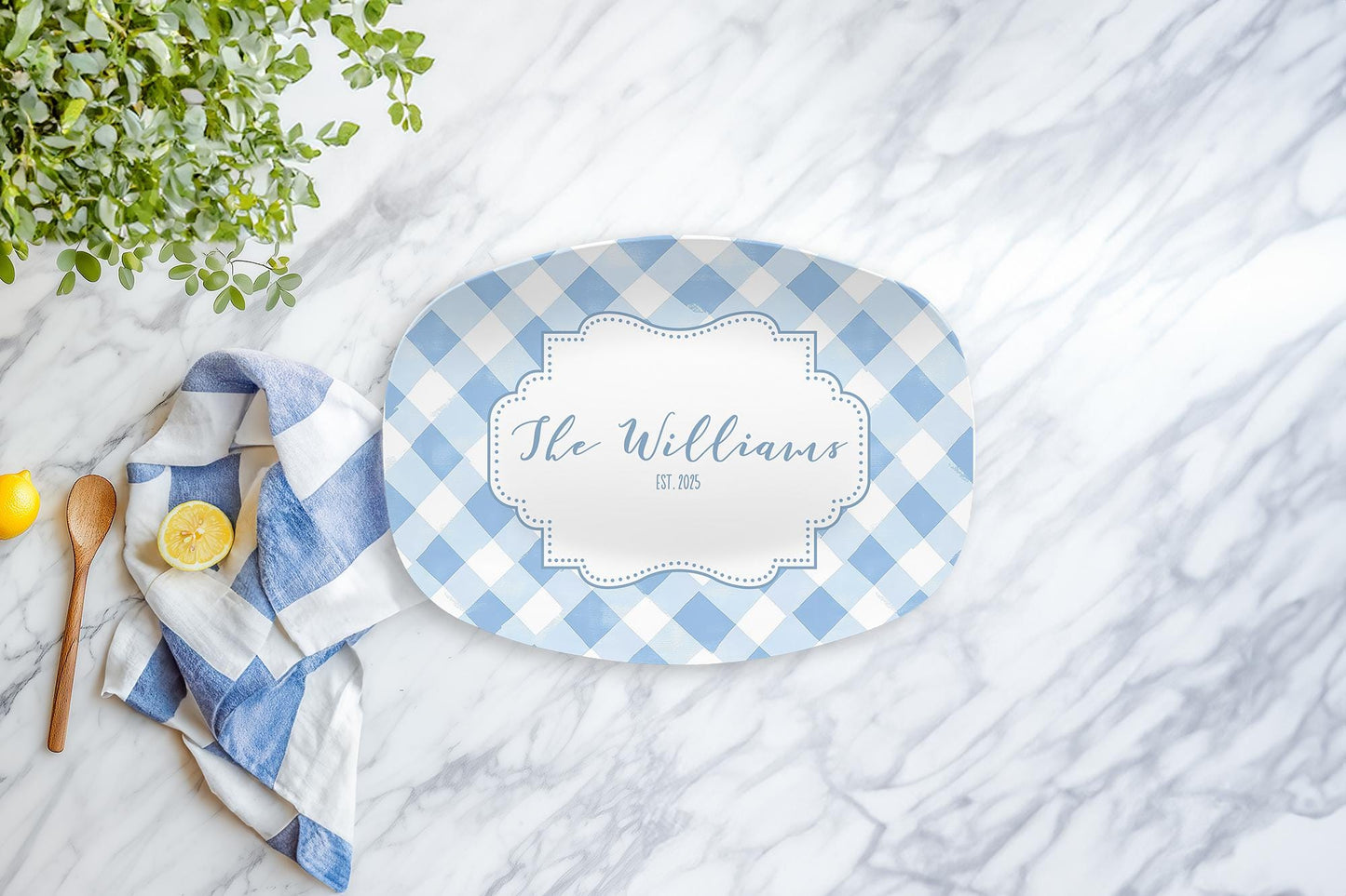 Blue Gingham Plaid Personalized Serving Platter