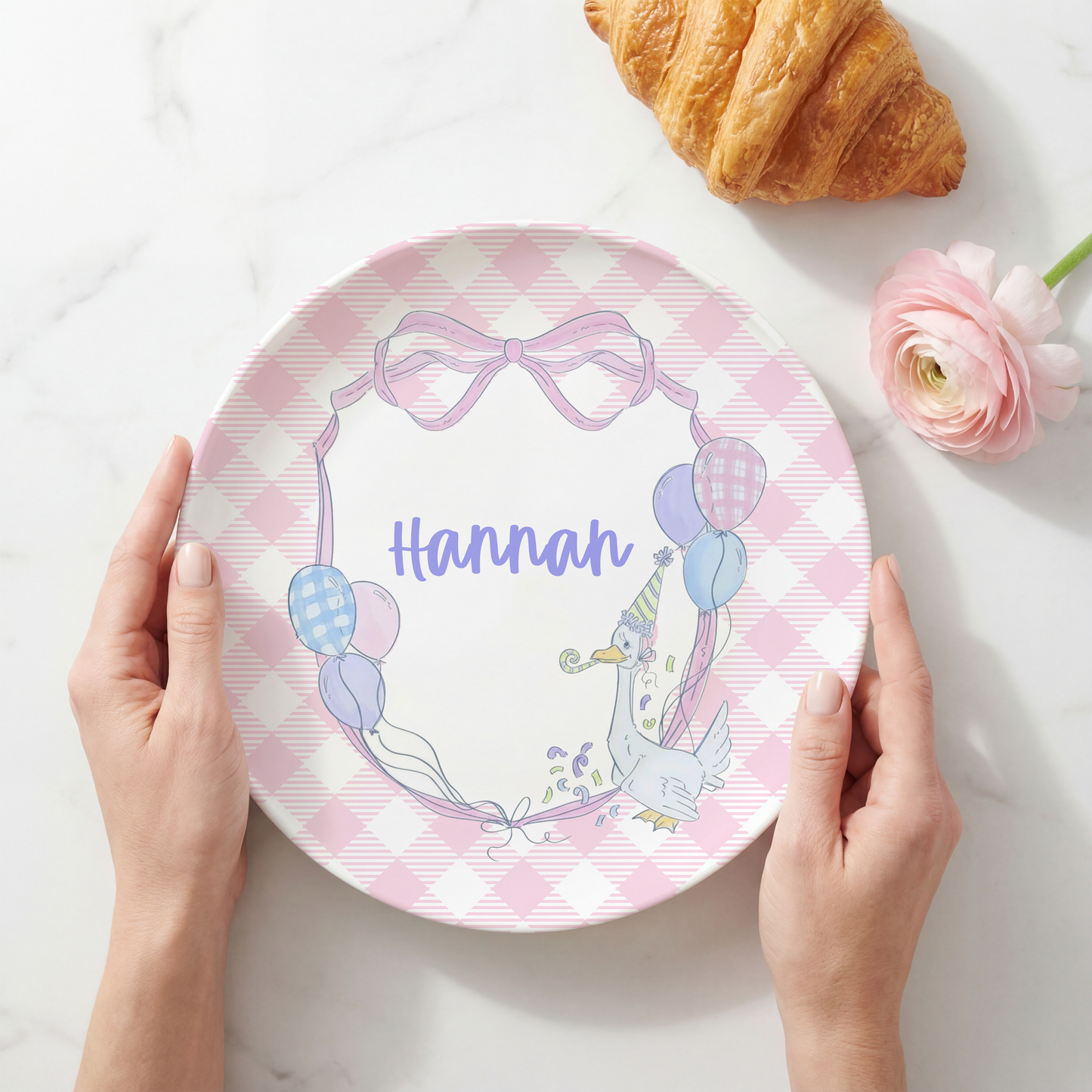 Personalized melamine birthday plate featuring a whimsical party goose with balloons, a pink gingham background, and a custom child’s name for a reusable birthday keepsake.