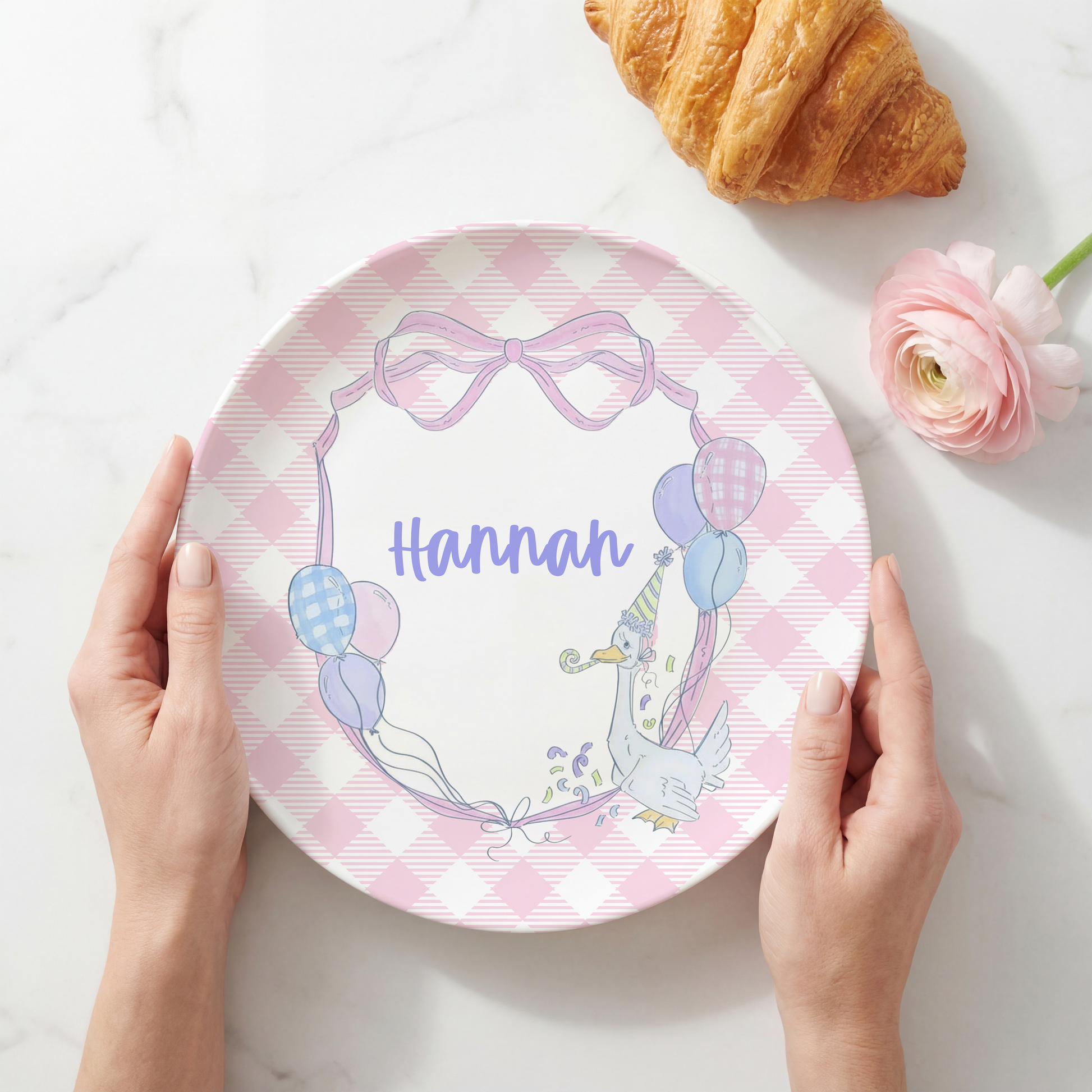 Personalized melamine birthday plate featuring a whimsical party goose with balloons, a pink gingham background, and a custom child’s name for a reusable birthday keepsake.