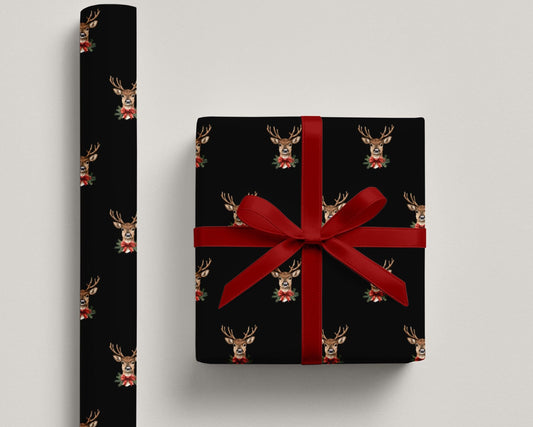 Black Reindeer Christmas Gift Wrap – Modern Neutral Holiday Wrapping Paper