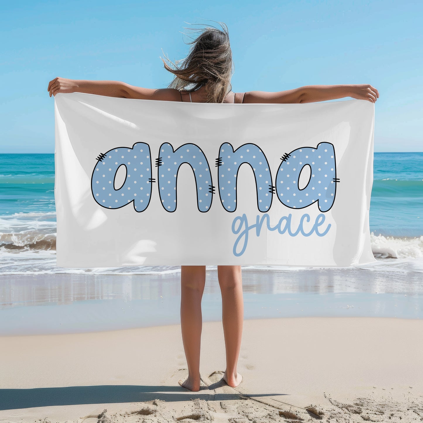 Personalized Beach Towel Blue Polka Dot