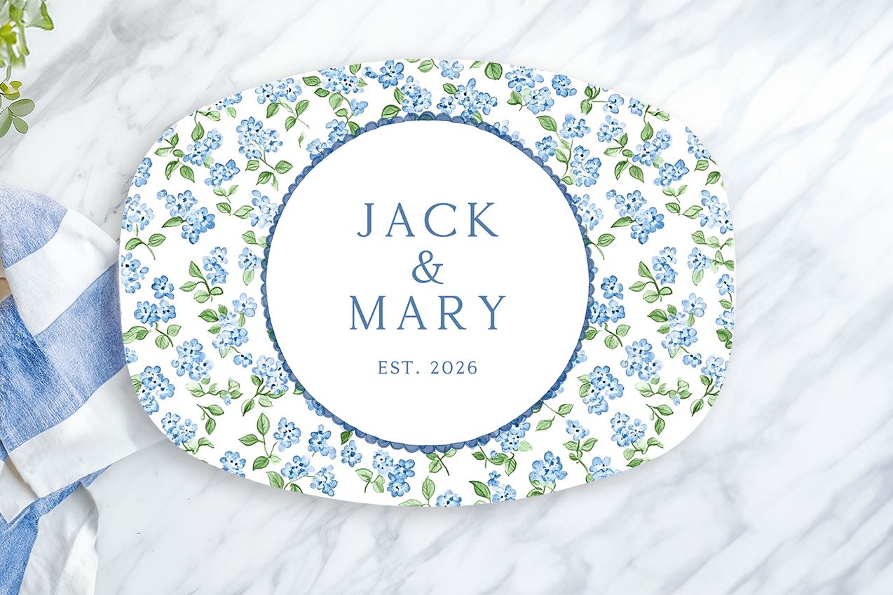 Personalized Blue Floral Serving Platter | Custom Wedding Gift | Grandmillennial Serving Tray | Housewarming Gift | Custom Family Name Platter