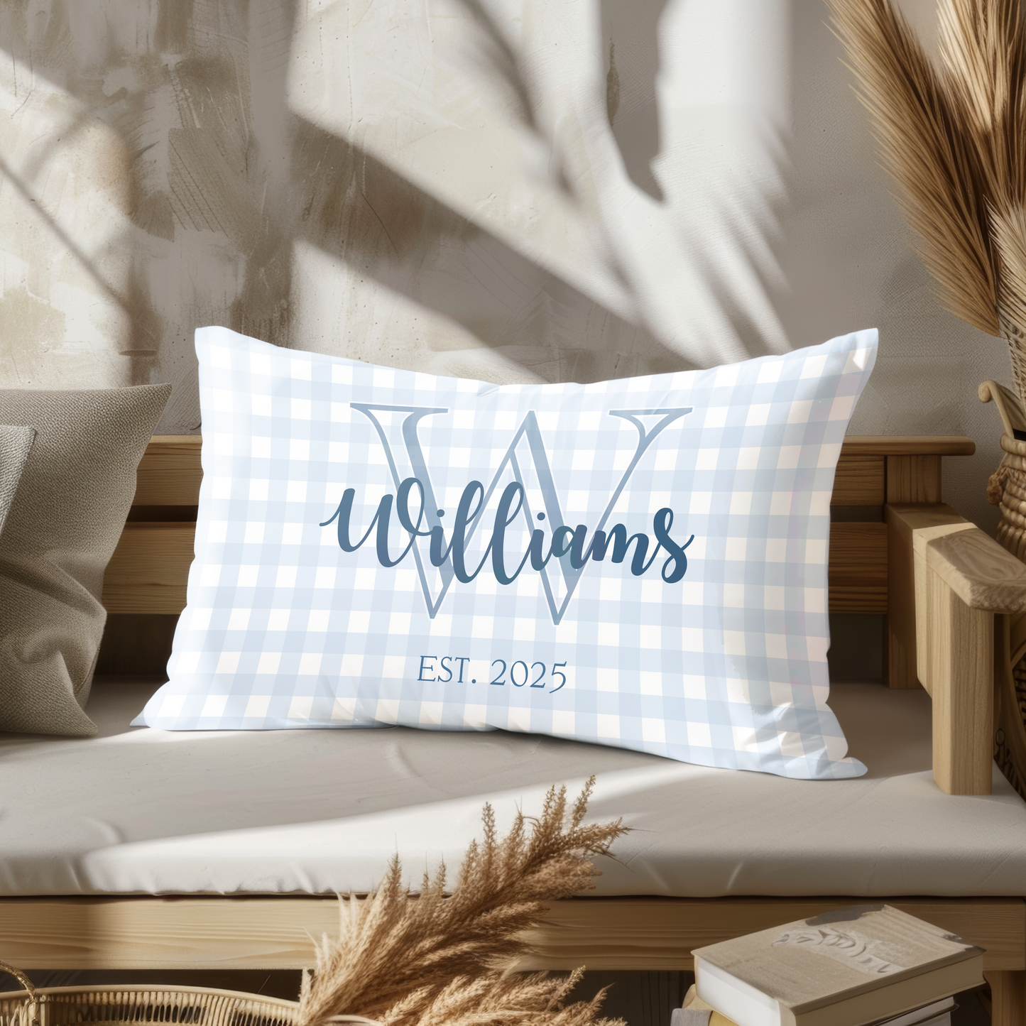 Personalized Blue Gingham Outdoor Pillow with Monogram
