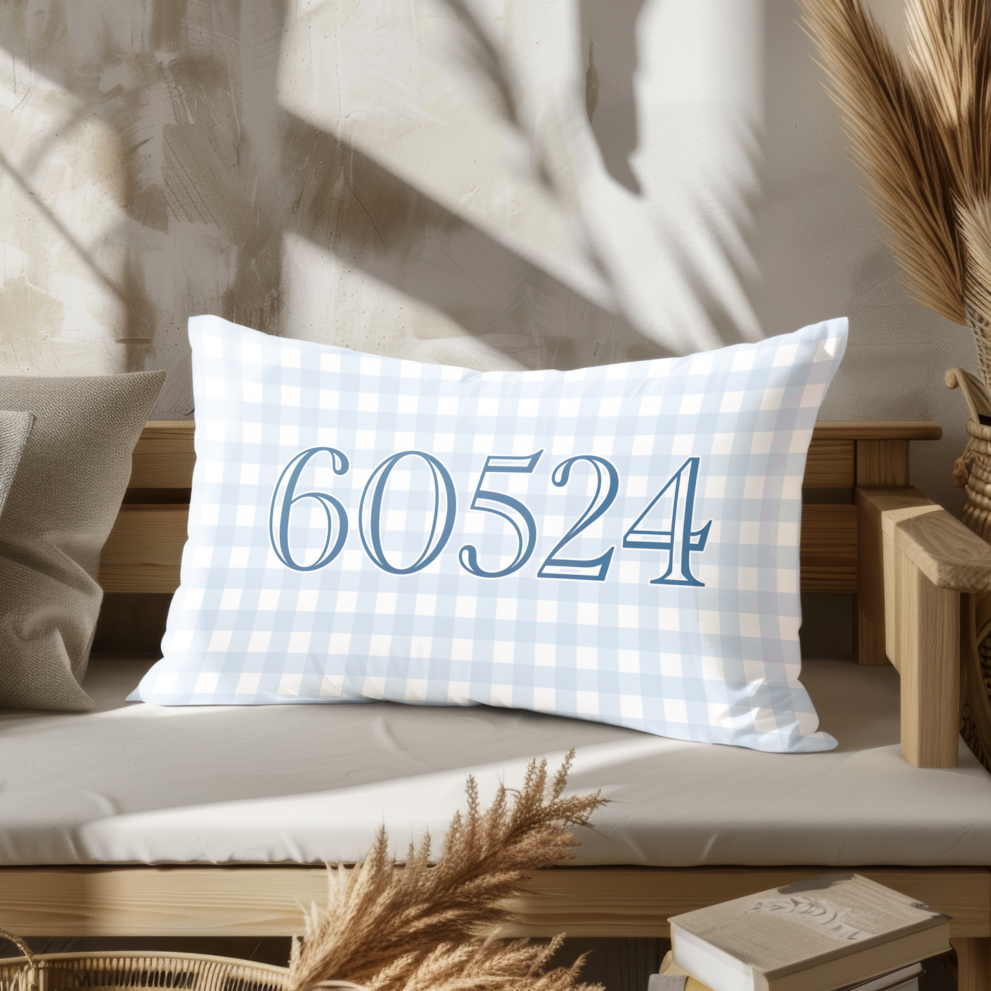 Personalized Blue Gingham Outdoor Pillow