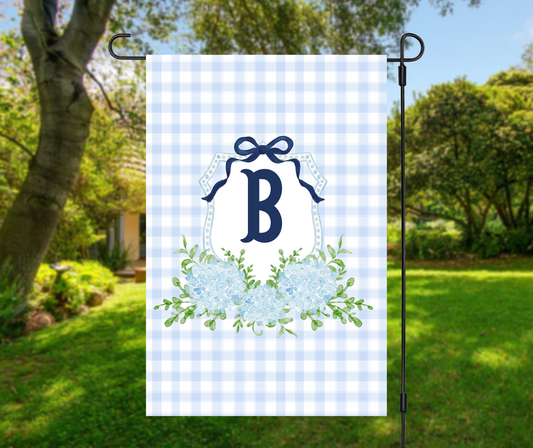 Blue Gingham Hydrangea Monogram Garden Flag