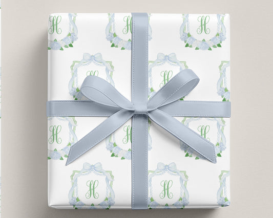 Blue Hydrangea Crest Monogram Wrapping Paper