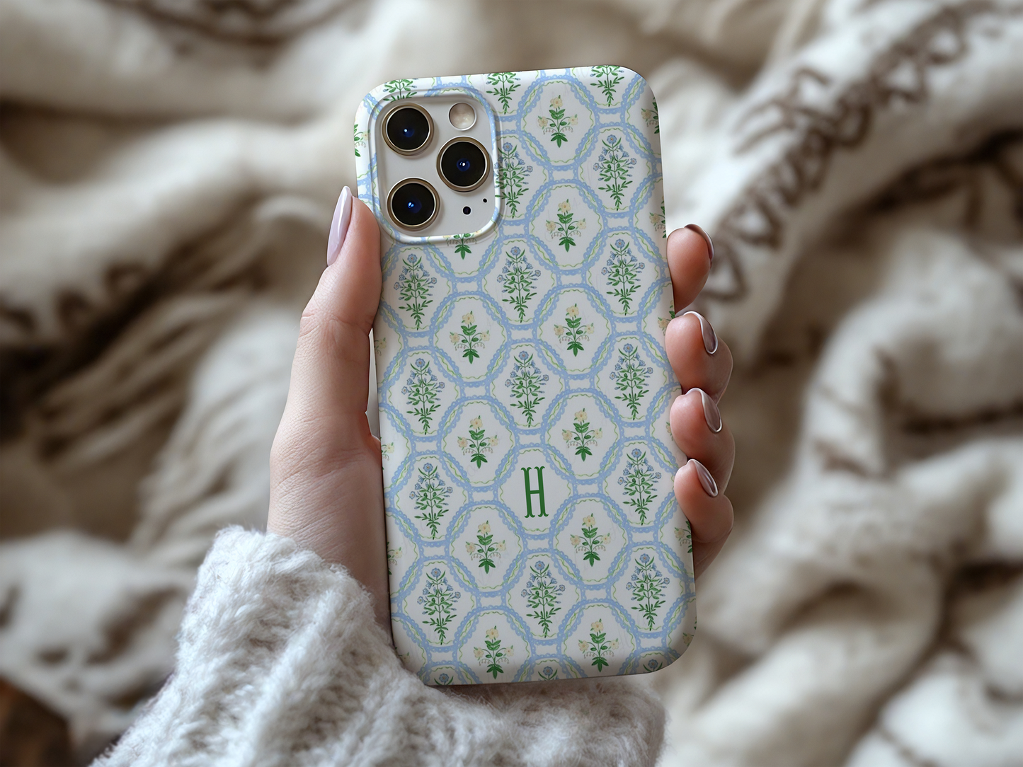Blue Floral Motif Monogram Phone Case Personalized