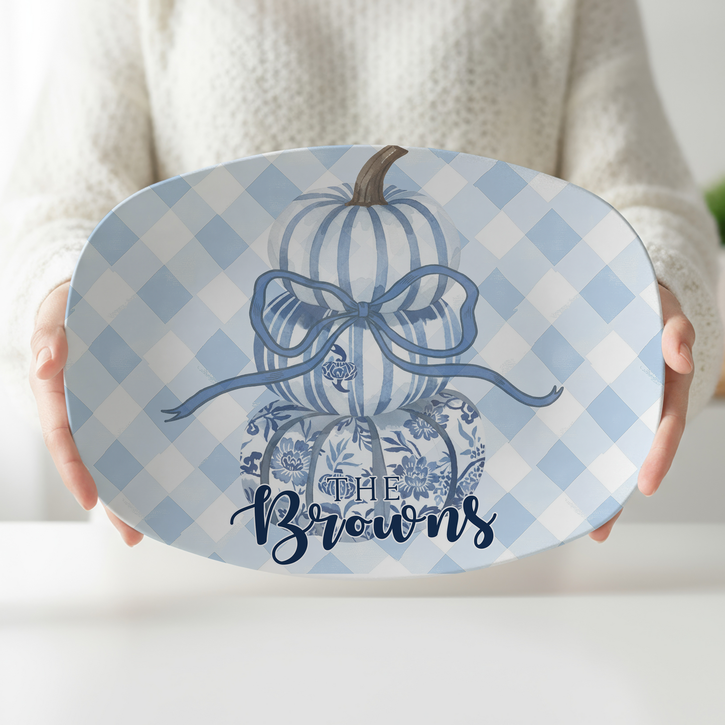 Personalized Blue Pumpkin Serving Platter | Custom Family Name Oval Platter | Blue Gingham Fall Serving Tray | Thanksgiving Hostess Gift