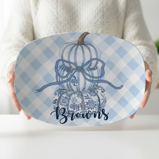 Personalized Blue Pumpkin Serving Platter | Custom Family Name Oval Platter | Blue Gingham Fall Serving Tray | Thanksgiving Hostess Gift