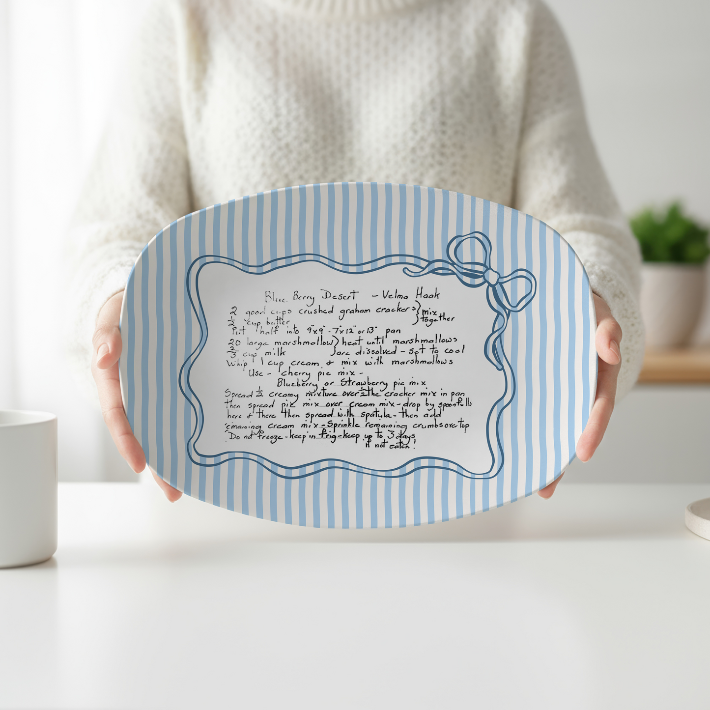 Personalized Handwritten Recipe Platter | Custom Family Recipe Serving Tray | Blue Stripe Recipe Keepsake Gift