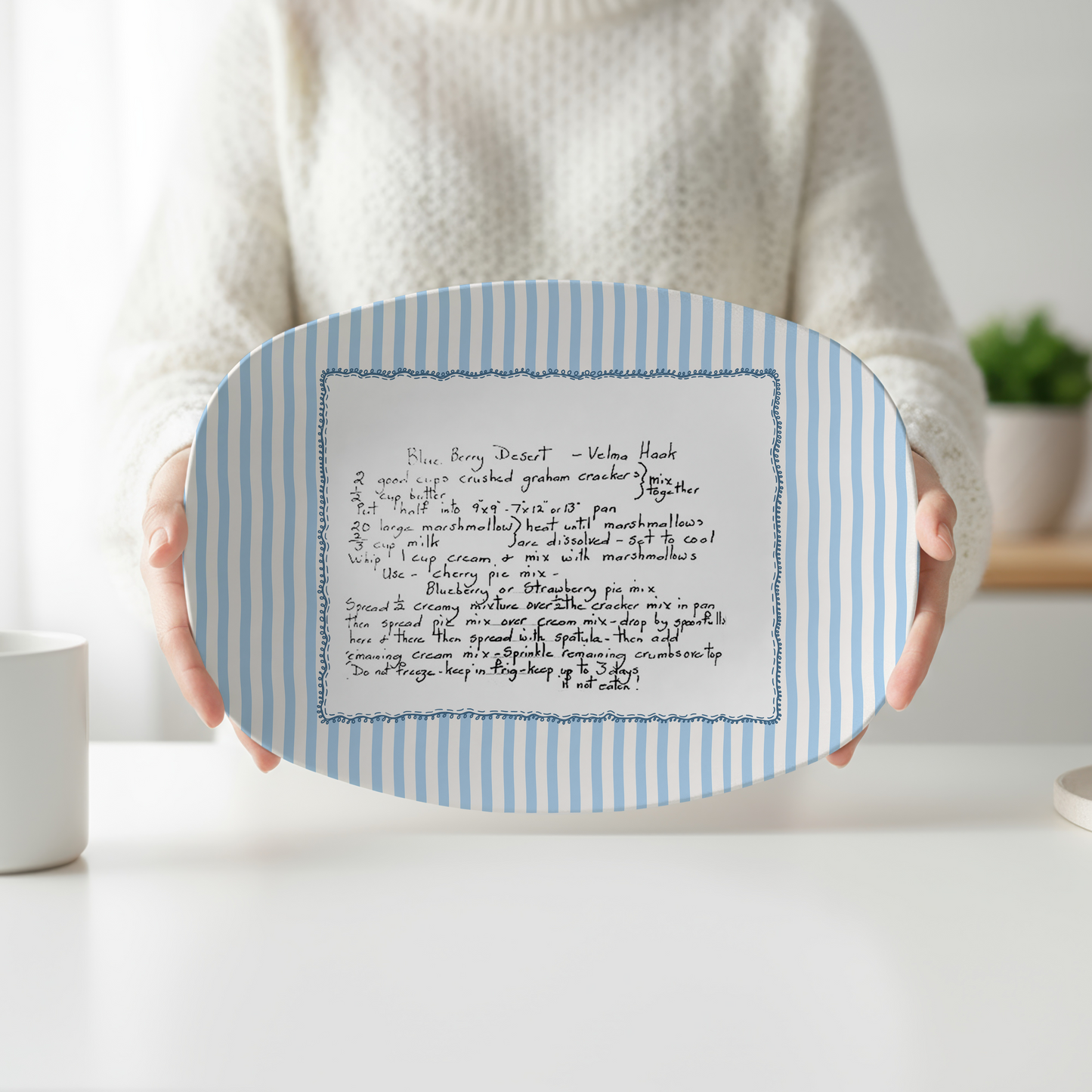 Personalized Handwritten Recipe Platter | Custom Family Recipe Serving Tray | Blue Stripe Recipe Keepsake Gift
