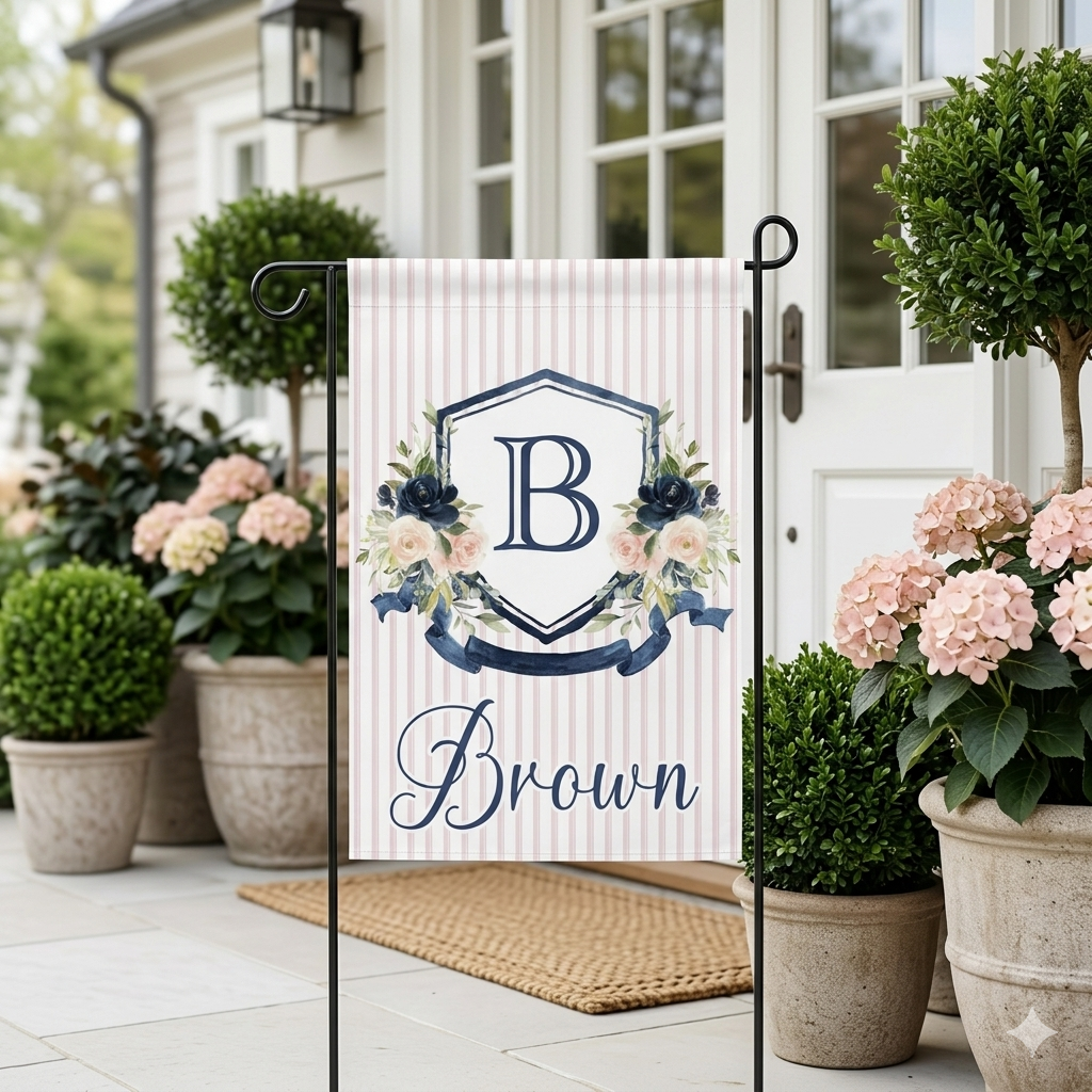 Personalized Navy Blue Floral Crest Garden Flag