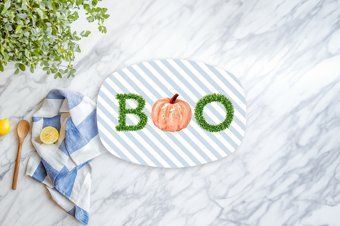 Personalized BOO Halloween Platter, Custom Blue Chinoiserie Pumpkin Serving Tray, Grandmillennial Fall Decor, Family Halloween Gift