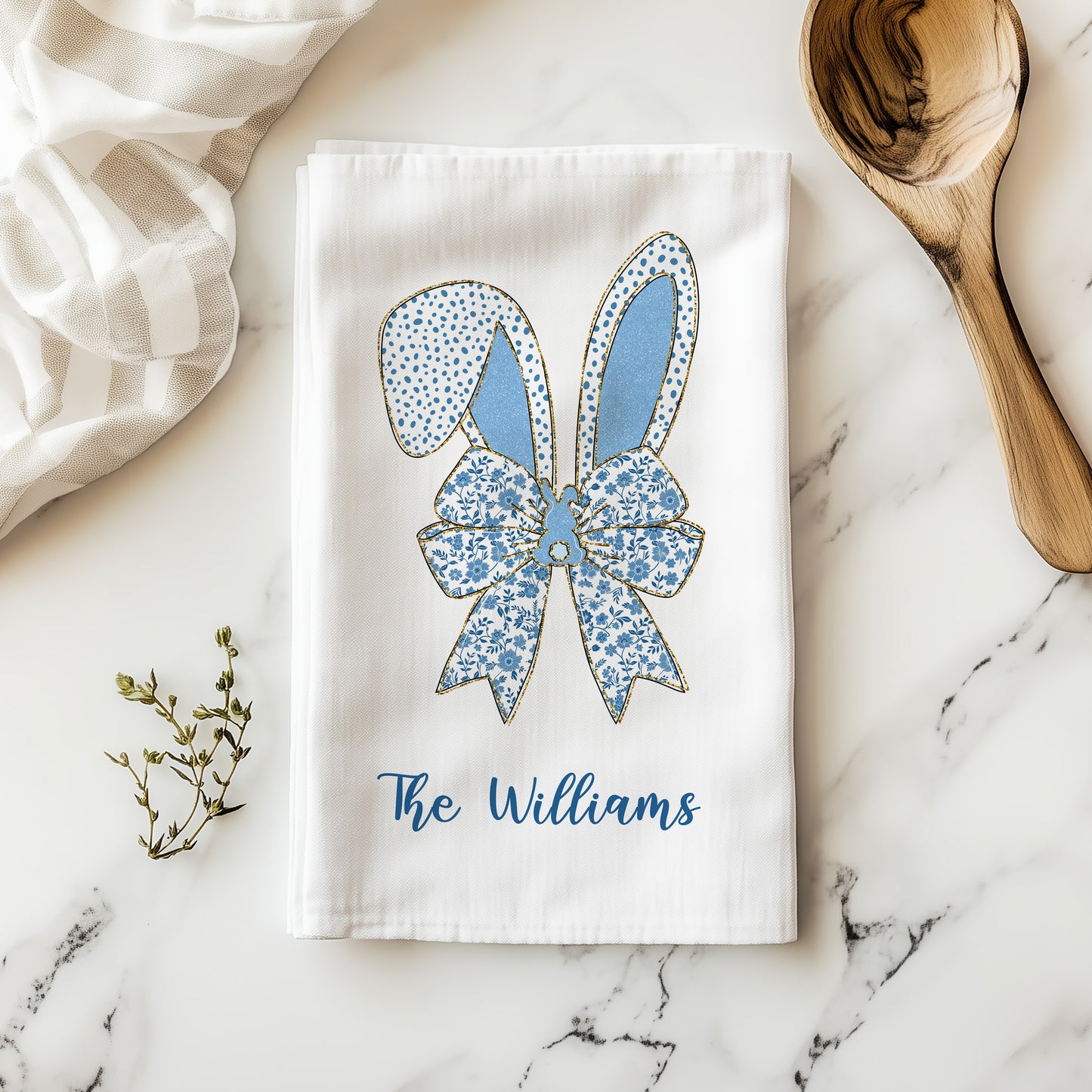 Personalized Bunny Ear Toile Tea Towel