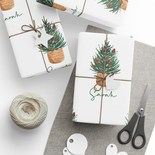 Personalized Watercolor Pine Tree Christmas Wrapping Paper