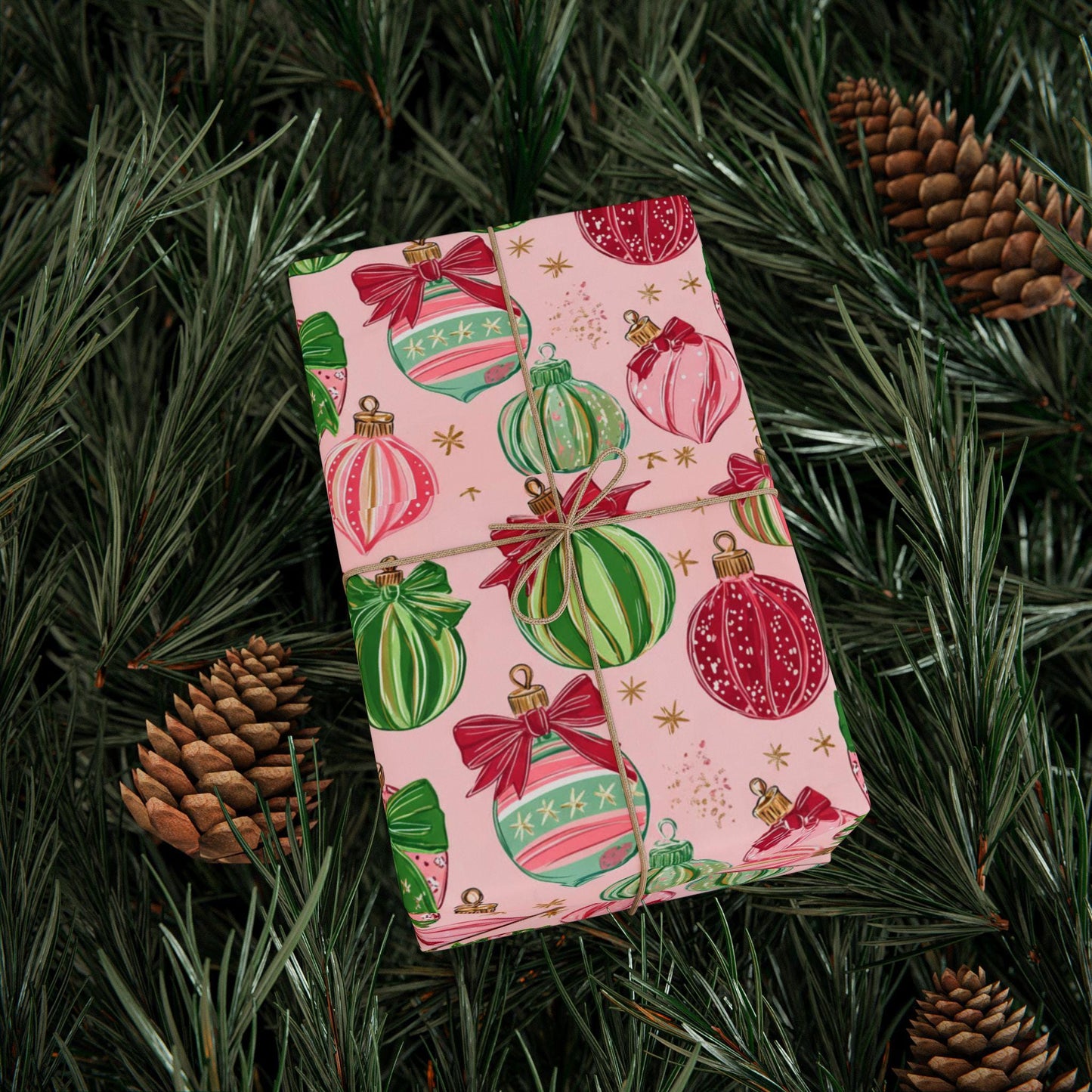 Pink & Green Baubles Christmas Gift Wrap