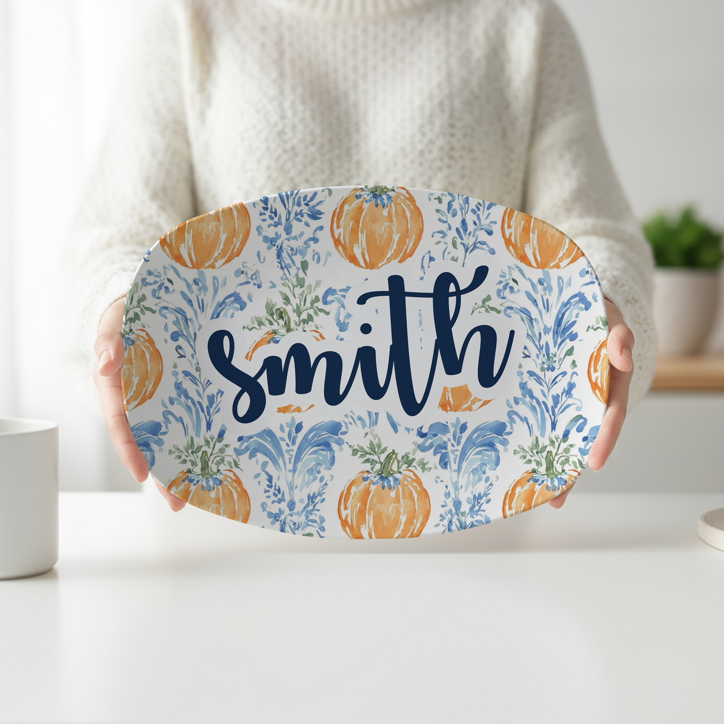 Personalized Blue Chinoiserie Pumpkin Serving Platter | Custom Family Name Fall Platter | Thanksgiving Serving Tray | Autumn Hostess Gift
