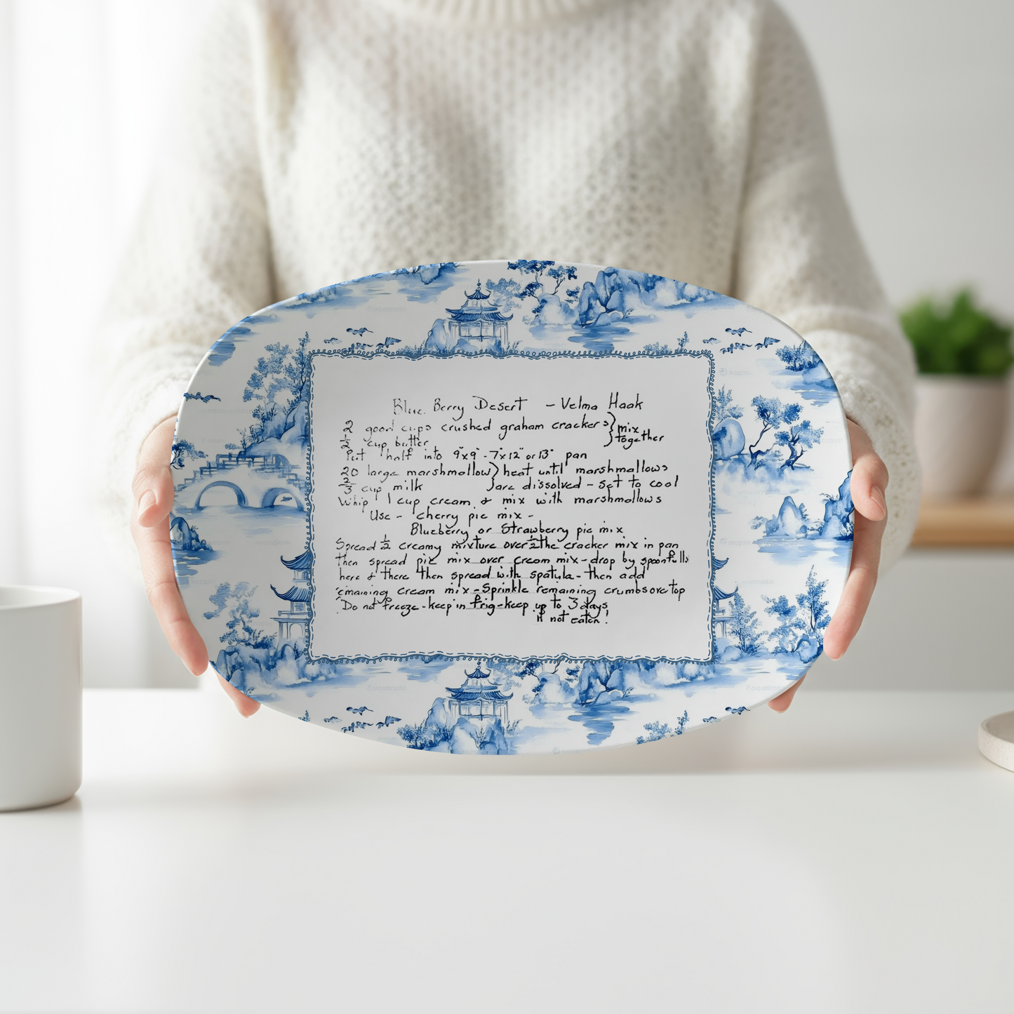 Personalized Recipe Serving Platter | Custom Handwritten Recipe Platter | Blue Chinoiserie Family Recipe Keepsake