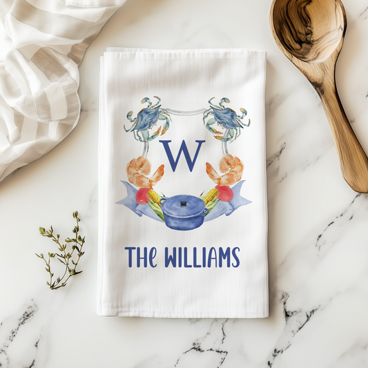 Crab Monogram Crest Tea Towel