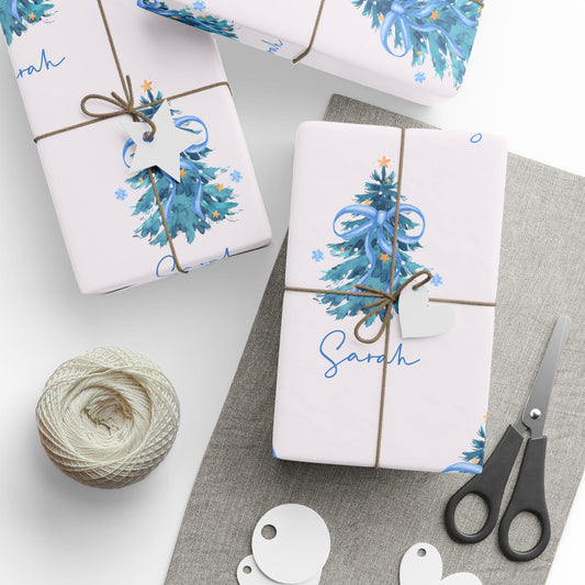 Personalized Blue Christmas Tree Wrapping Paper