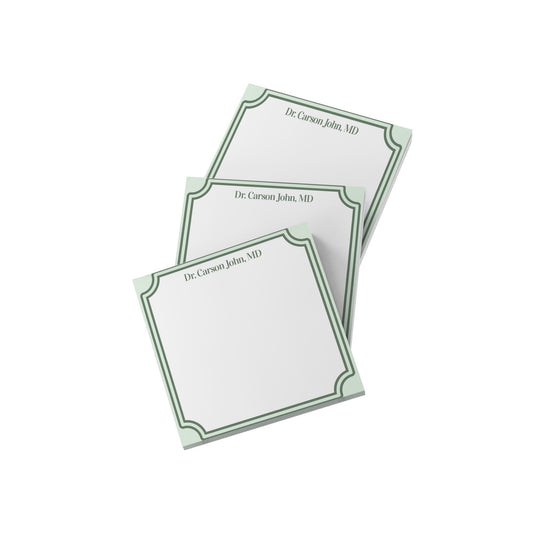 personalized green frame sticky notes with classic double border and custom name carsen john at top