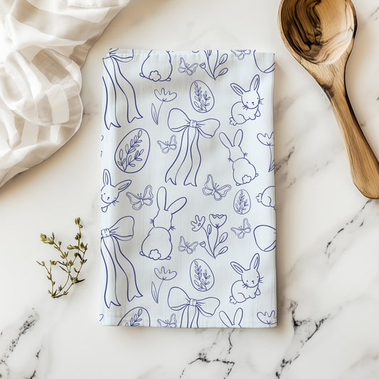 Blue Bunny Toile Easter Tea Towel