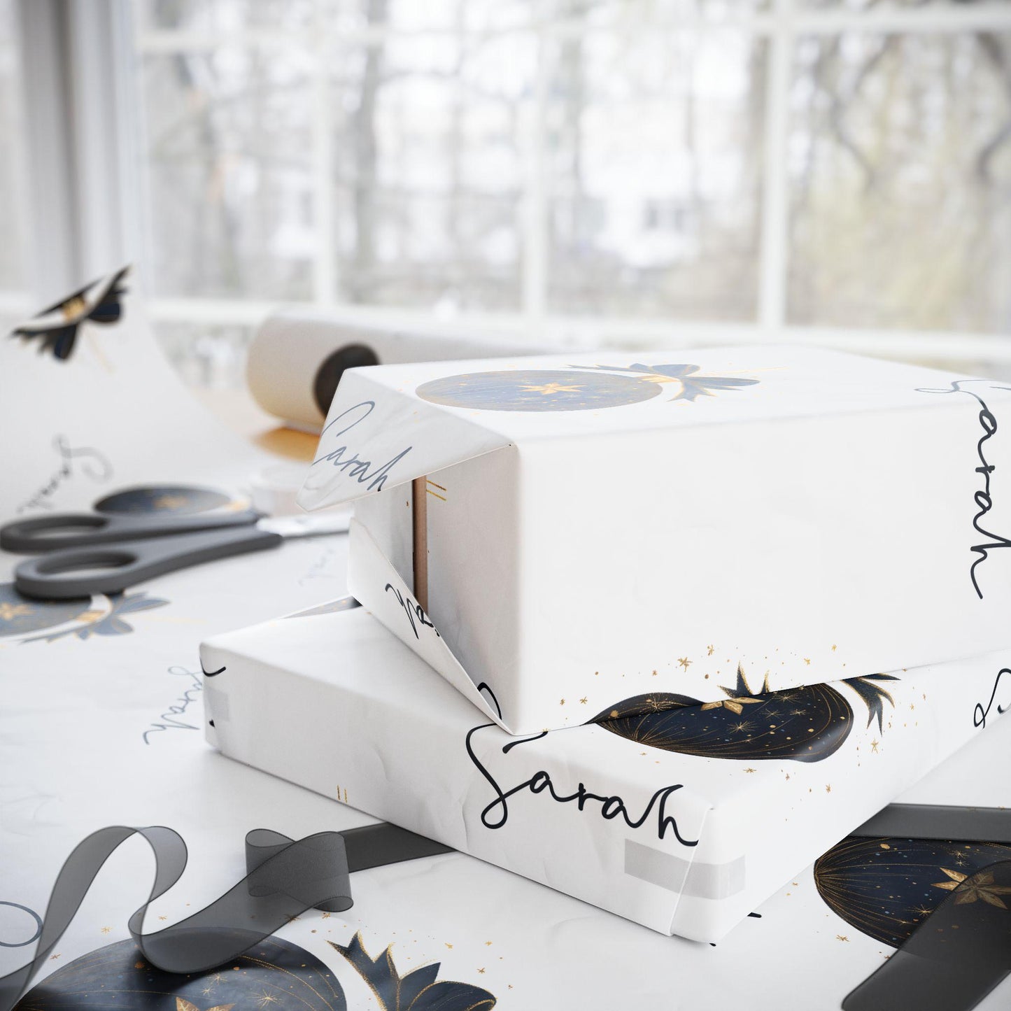 Personalized Black and Gold Christmas Wrapping Paper