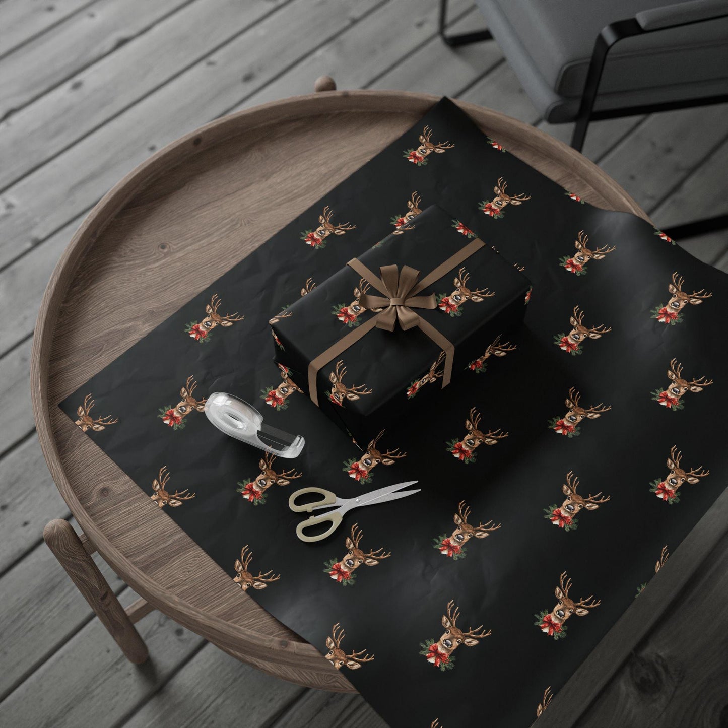 Black Reindeer Christmas Gift Wrap – Modern Neutral Holiday Wrapping Paper