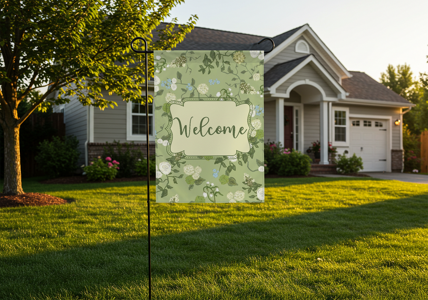Green Floral Welcome Garden Flag
