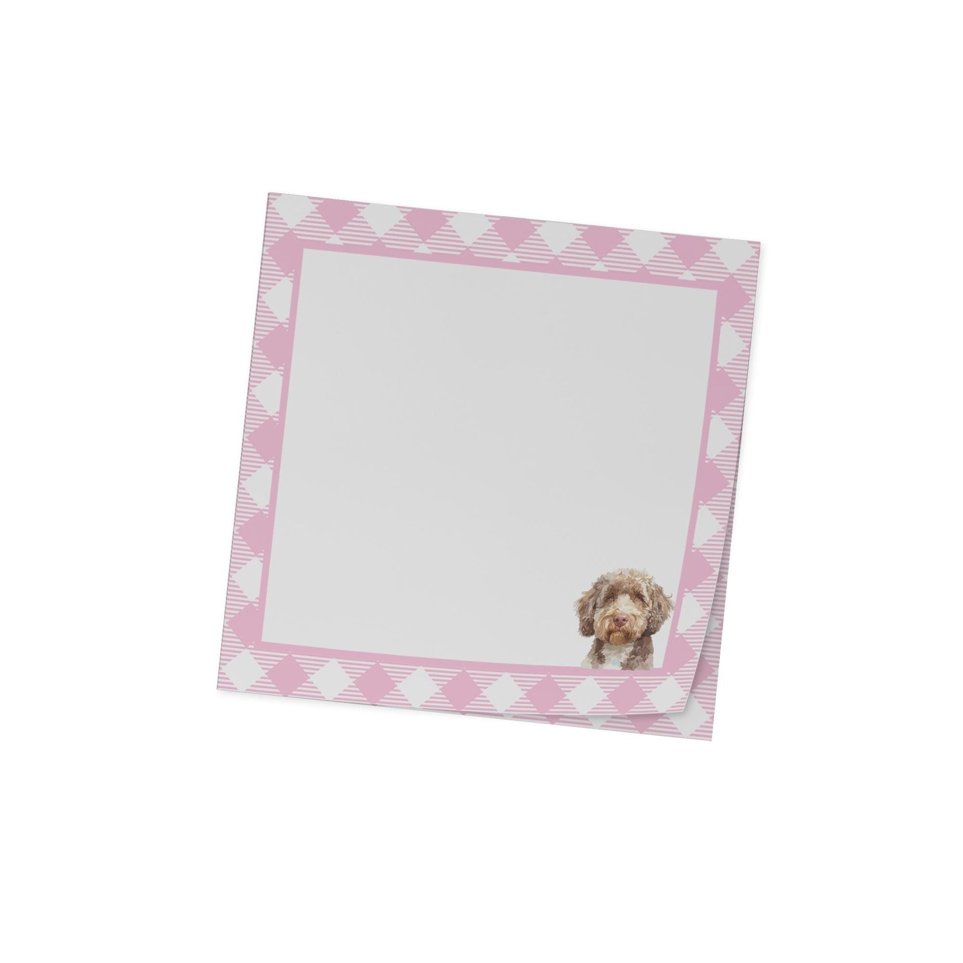 dog lover sticky notes with pink plaid border and cute labradoodle illustration in bottom right corner