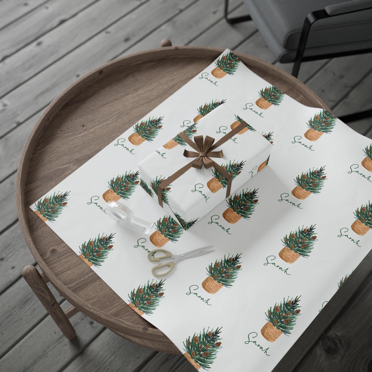 Personalized Watercolor Pine Tree Christmas Wrapping Paper