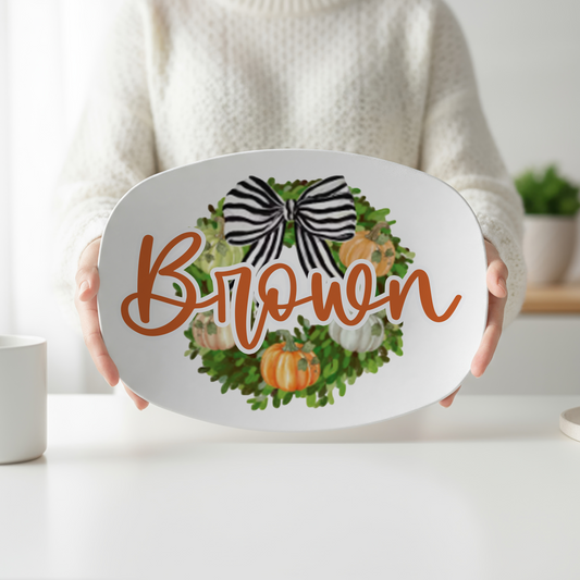 Personalized Fall Pumpkin Wreath Serving Platter | Custom Family Name Autumn Platter | Thanksgiving Serving Tray | Farmhouse Fall Decor | Hostess Gift