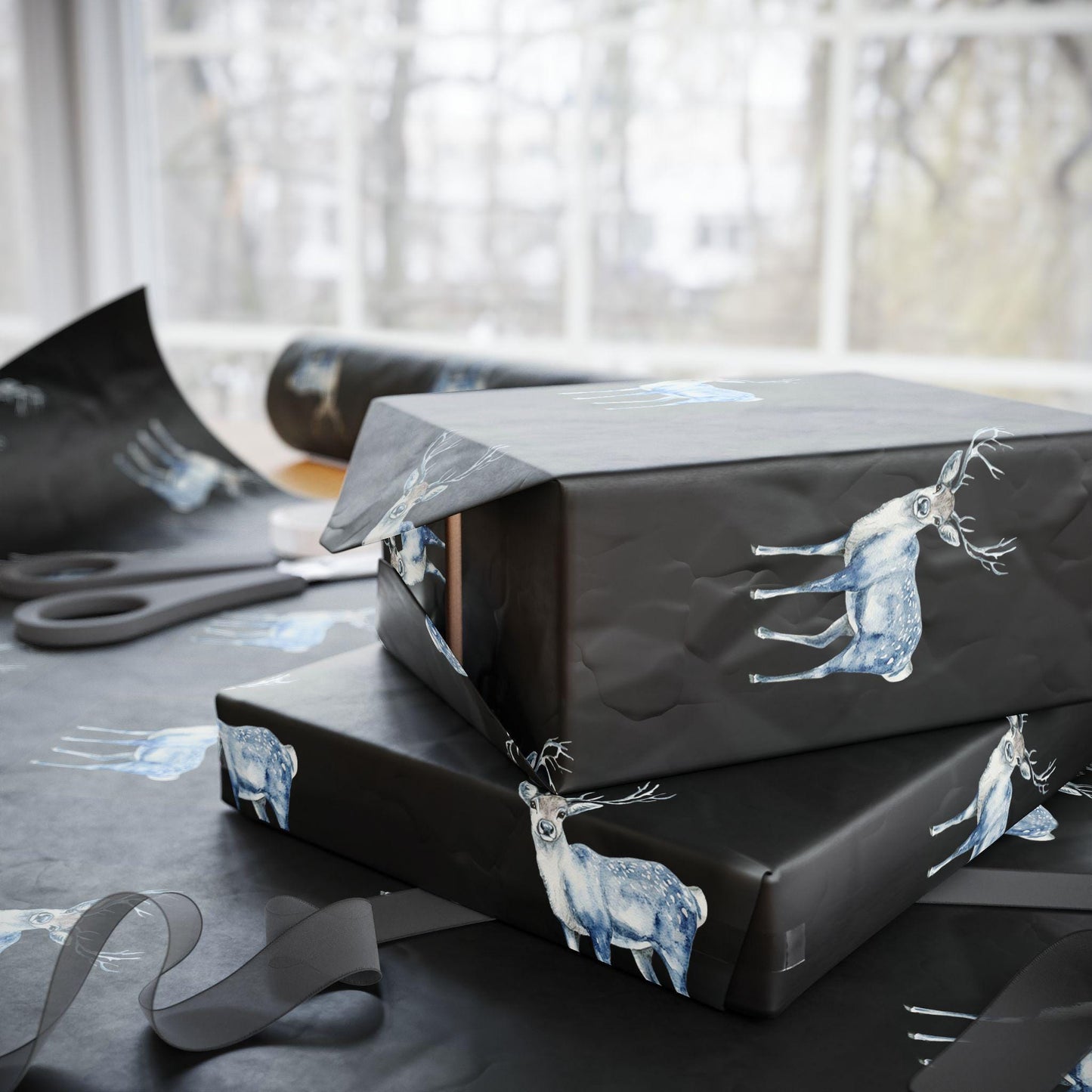 Blue Reindeer Woodland Christmas Gift Wrap