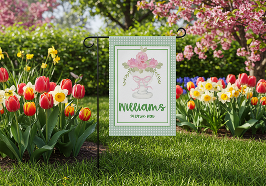 Pink Rose Personalized Garden Flag with Name & Address