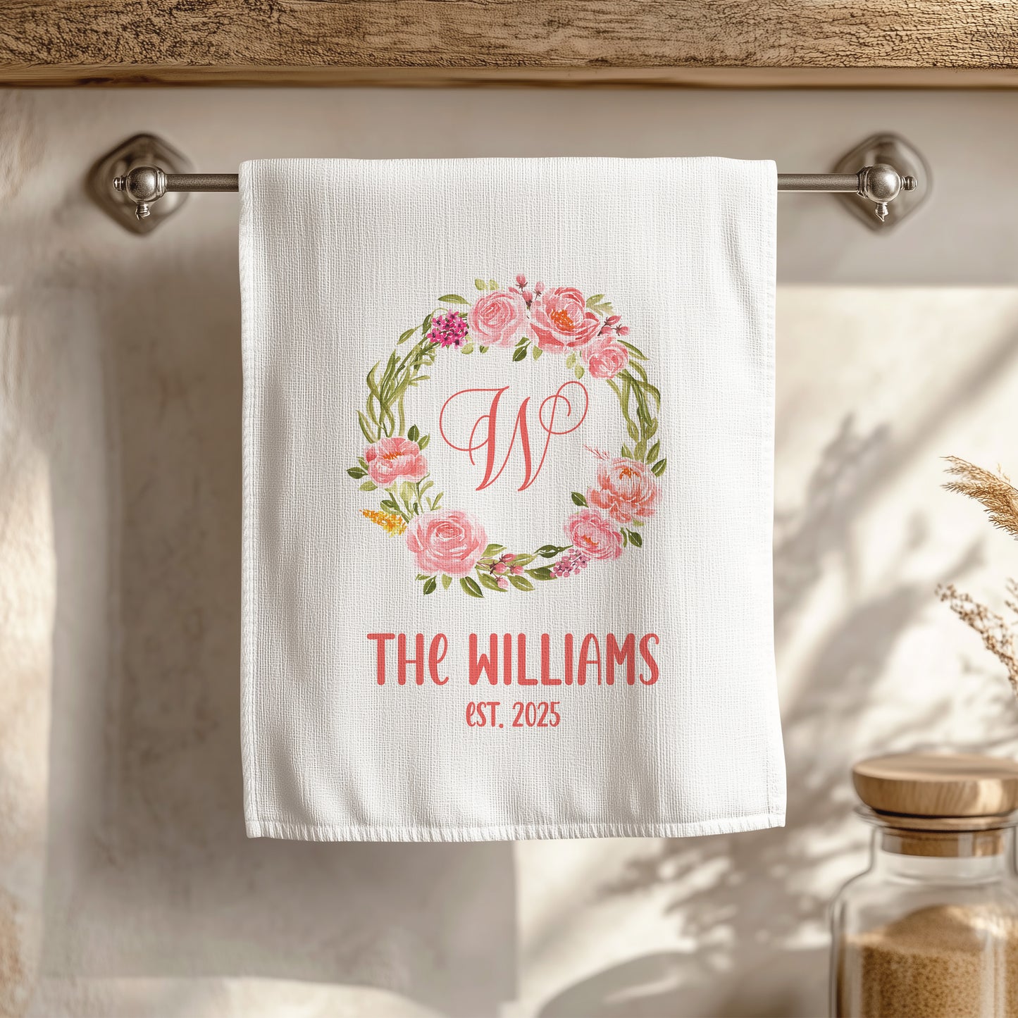 Personalized Floral Wreath Monogram Tea Towel