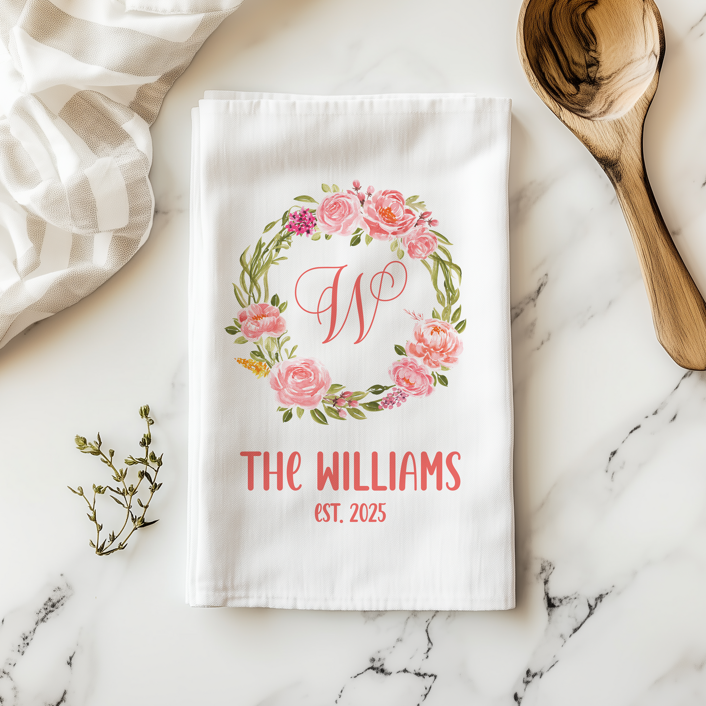 Personalized Floral Wreath Monogram Tea Towel