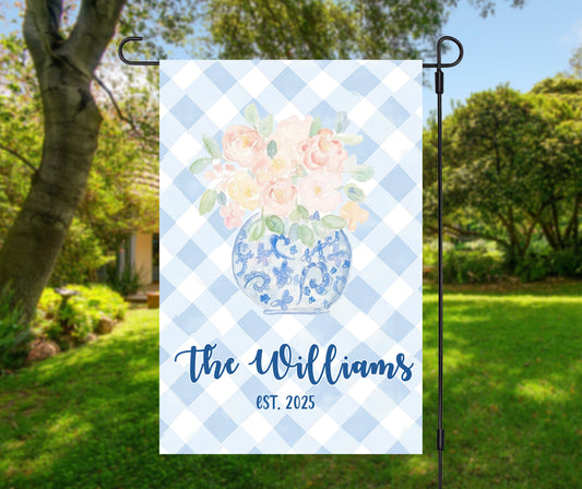 Personalized Blue Gingham Floral Vase Garden Flag